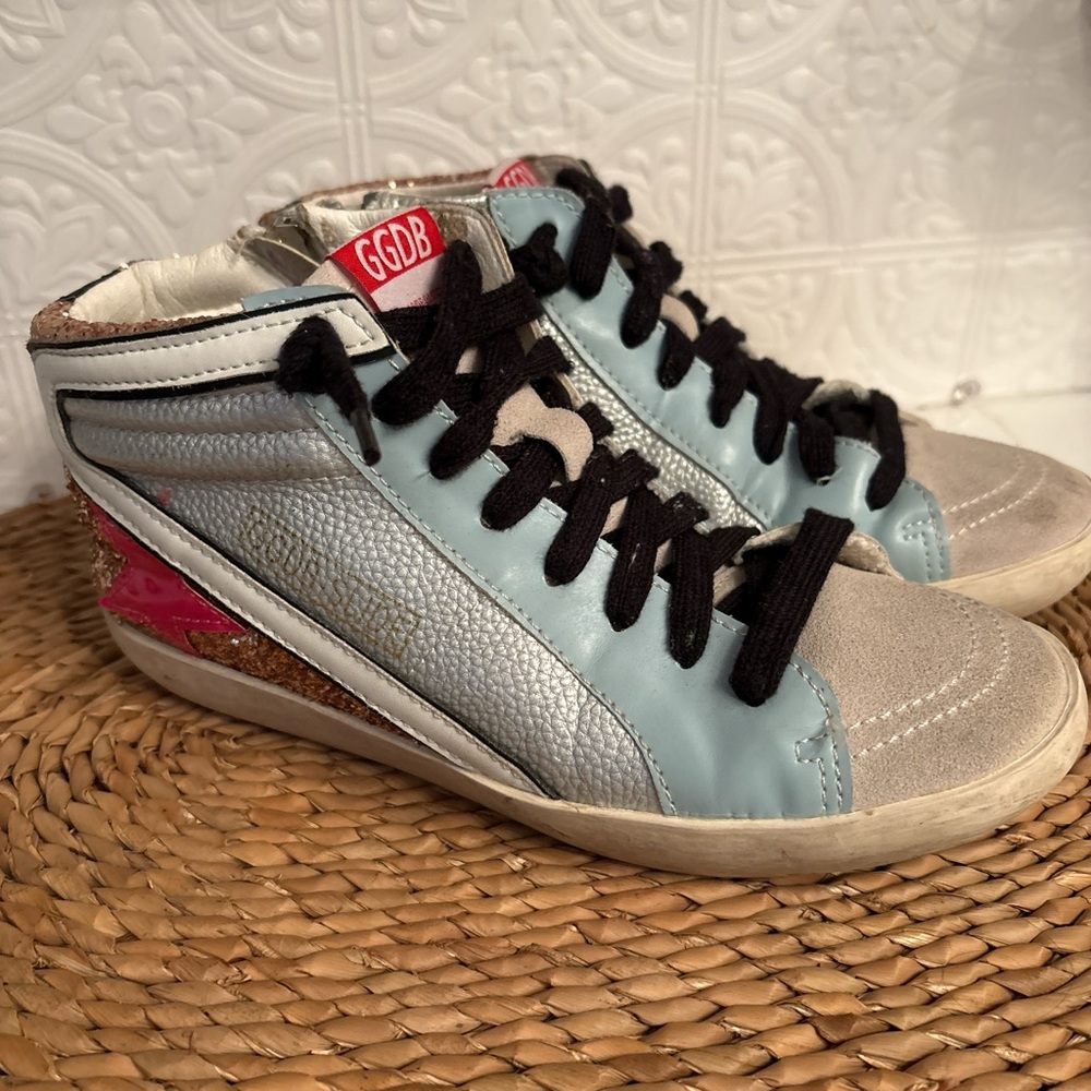 Golden Goose Light Blue, Silver, Pink High-Top Sneakers